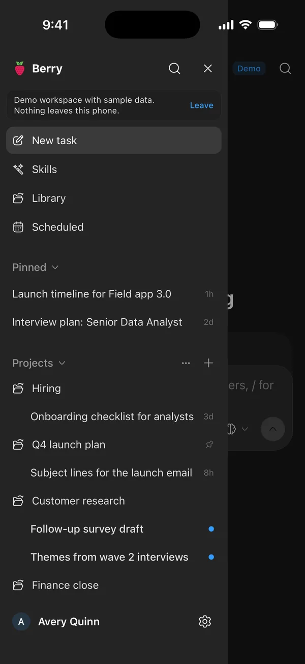 Projects and tasks in the Berry sidebar.